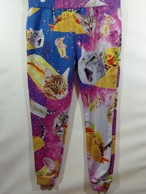 Pink and Blue Novelty Cat & Taco Print Pockets Joggers Lounge Pants XL
